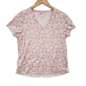 Dollhouse Pink Daisy Print V Neck Short Sleeve Lettuce Hem‎ T Shirt Top M Girly